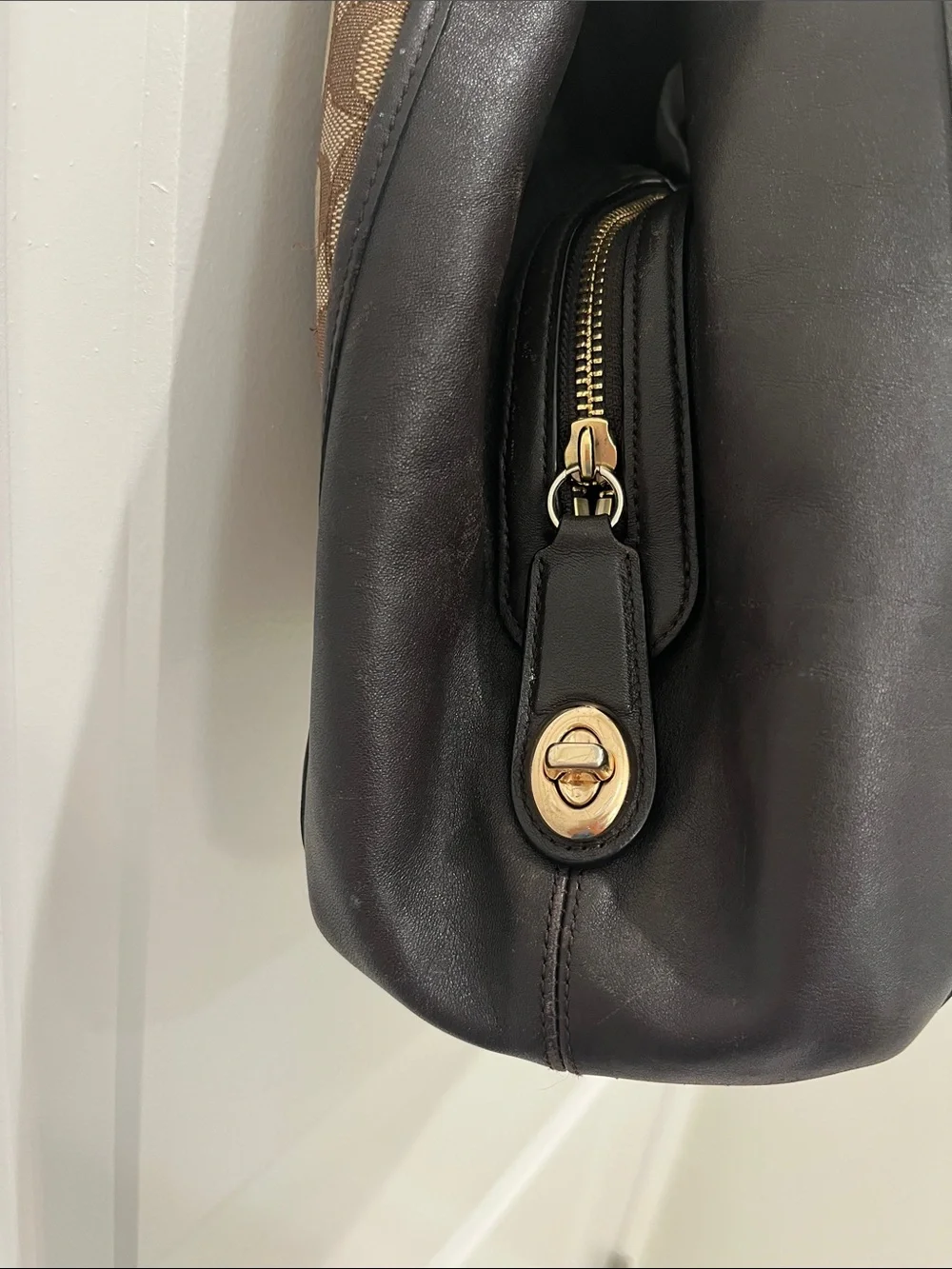 Coach Brown Signature Canvas Shoulder Bag with Brown Leather Trim